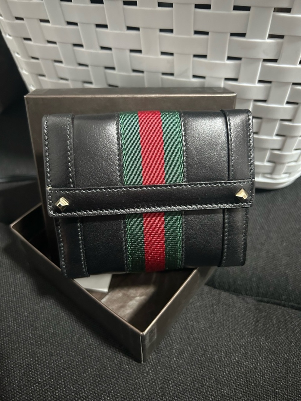 Gucci Black Wallet with Green and Red Center Stripe